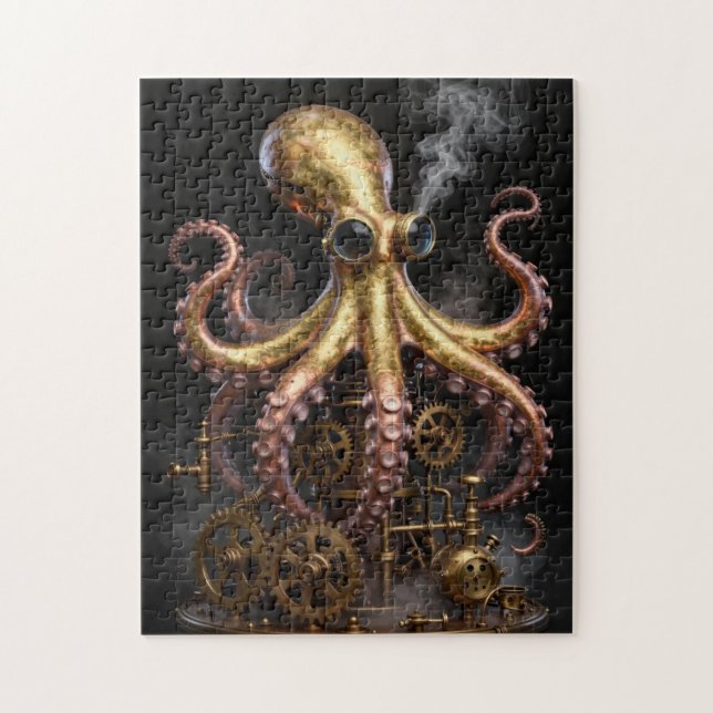 Quebra-cabeça Polvo Mecânico Steampunk em Engrenagens Arte (Vertical)