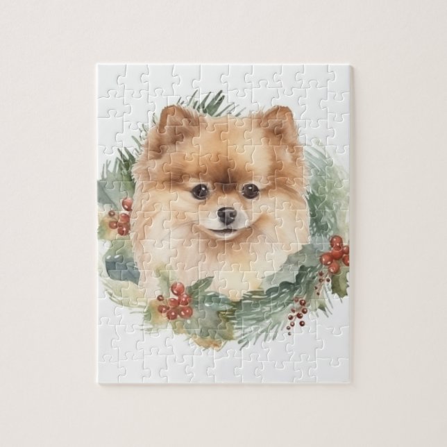 Quebra-cabeça Pomerânia Coroa de Natal Cachorrinho Festivo (Vertical)