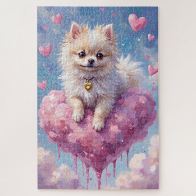Quebra-cabeça Pomerânia Flutuando em um Coração de Nuvem no Dia  (Vertical)