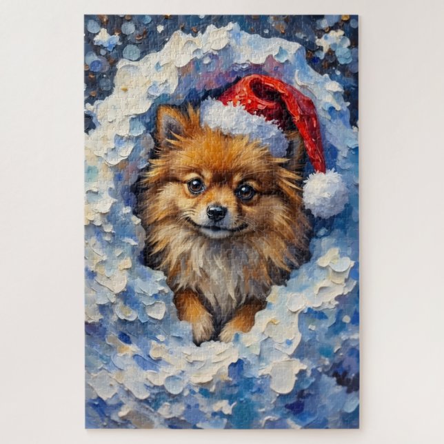 Quebra-cabeça Pomeranian Lost in a Fluff of Christmas Snow Hat (Vertical)