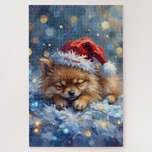 Quebra-cabeça Pomeranian Sleeping on Fairy Lights Christmas Hat (Vertical)