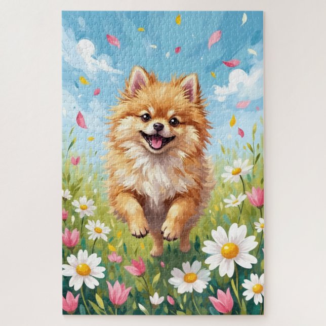 Quebra-cabeça Pomeranian Spring Daisy Field Cute Dog (Vertical)