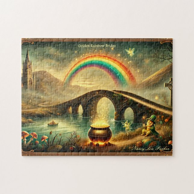 Quebra-cabeça Ponte Arco-íris do Leprechaun Cena Irlandesa Vinta (Horizontal)