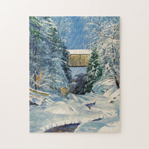 Quebra-cabeça Ponte coberta com neve e veados em fluxo