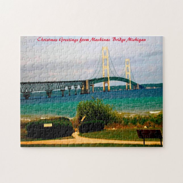 Quebra-cabeça Ponte Mackinac Michigan. Saudações de Natal (Horizontal)