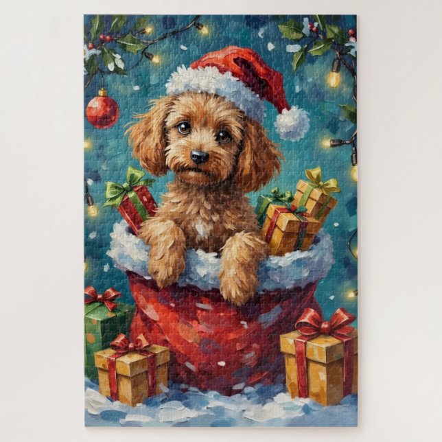 Quebra-cabeça Poodle Christmas Santa Bag Adventure (Vertical)