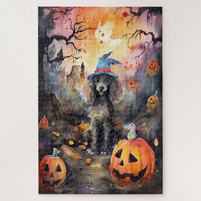 Quebra-cabeça Poodle de Halloween com Abóboras Assustadoras (Vertical)