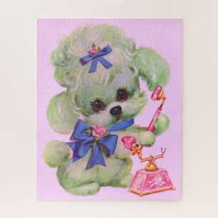 Quebra-cabeça poodle fofo com telefone cor-de-rosa