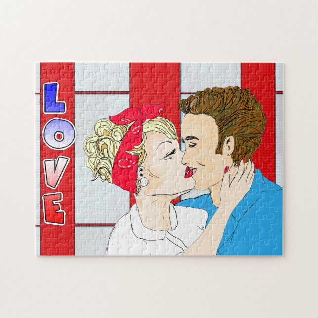 Quebra-cabeça Pop Art Retro Casal Beijando Nostalgia Romântica (Horizontal)
