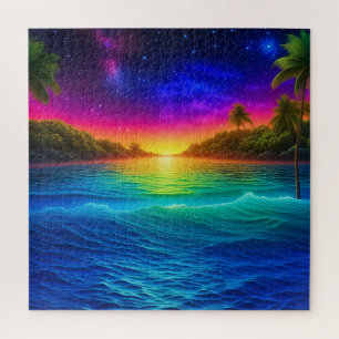 Quebra-cabeça Pôr do sol colorido no oceano tropical com palmeir
