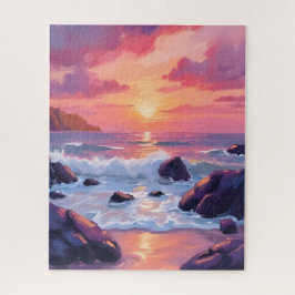 Quebra-cabeça Pôr do sol de coral rosa | Aquarela de ondas do oc
