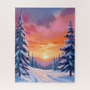 Quebra-cabeça Pôr do Sol de Neve de Inverno   Pintura em Aquarel
