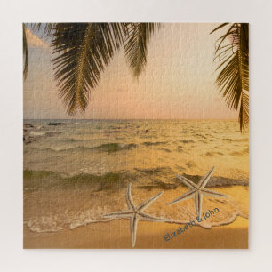 Quebra-cabeça Pôr do sol de palmeira de praia tropical estrelas