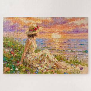 Quebra-cabeça Pôr do Sol Impressionista na Costa Mulher na Pra
