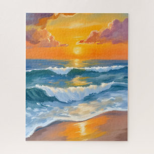 Quebra-cabeça Pôr do sol laranja no mar aquarela ondas do oceano