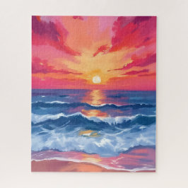 Quebra-cabeça Pôr do Sol na Costa Fuchsia | Aquarela de Ondas do