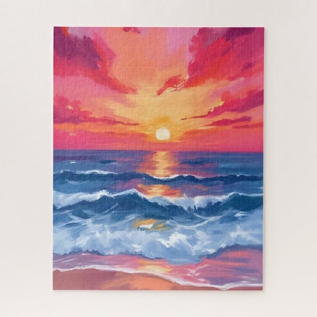 Quebra-cabeça Pôr do Sol na Costa Fuchsia | Aquarela de Ondas do (Vertical)