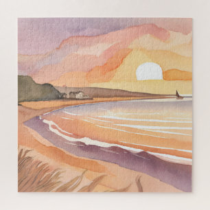 Quebra-cabeça Pôr do Sol na Praia   Bela Pintura em Aquarela