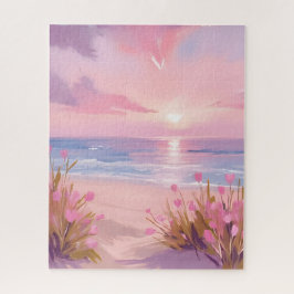 Quebra-cabeça Pôr do Sol na Praia com Tonalidade Rosa em Aquarel