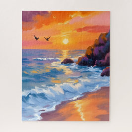 Quebra-cabeça Pôr do Sol na Praia Laranja | Pintura Costeira