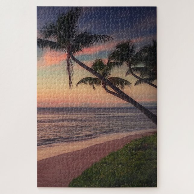 Quebra-cabeça Pôr do sol na praia tropical com palmeiras (Vertical)