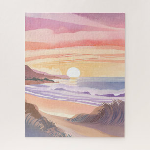 Quebra-cabeça Pôr do Sol no Mar Corado   Pintura em Aquarela de 