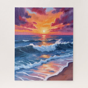 Quebra-cabeça Pôr do sol no oceano ondas da praia aquarela