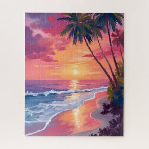 Quebra-cabeça Pôr do Sol no Paraíso Praia Tropical Rosa em Aqu