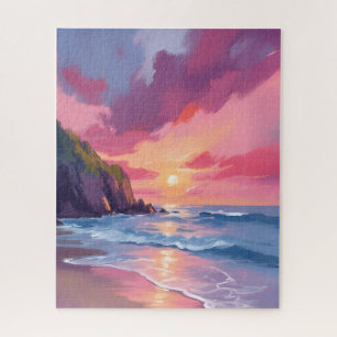 Quebra-cabeça Pôr do sol rosa ondas da praia oceânica aquarela