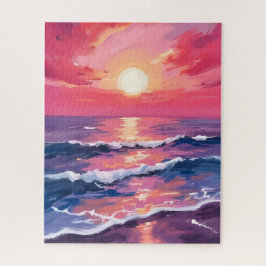 Quebra-cabeça Pôr do sol rosa ondas do oceano roxo aquarela