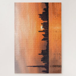 Quebra-cabeça Pôr do sol sobre uma cidade à beira-mar - aquarela