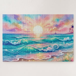 Quebra-cabeça Pôr do Sol Tropical Oceânico na Praia em Aquarela 