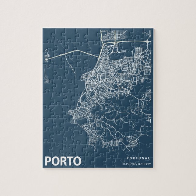 Quebra-cabeça Porto Portugal - Mapa Mínimo da Cidade - Arte Azul (Vertical)