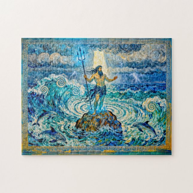 Quebra-cabeça Poseidon on Sea Rocks with Trident and Dolphins (Horizontal)