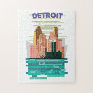 Quebra-cabeça Poster de viagens do horizonte de Detroit City.