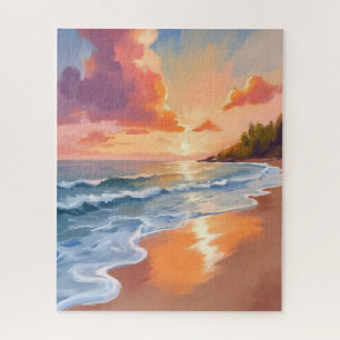 Quebra-cabeça Praia da Hora Dourada Pôr do Sol Pintura em Aquare
