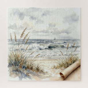 Quebra-cabeça Praia do Oceano em Aquarela com Papel Enrolado