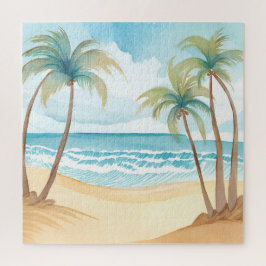 Quebra-cabeça Praia Havaiana | Árvore de Palmeira Aquarela Tropi
