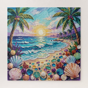 Quebra-cabeça Praia Impasto e Vidro Marinho Pôr do Sol e Palmeir