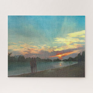 Quebra-cabeça Praia no Sunset com pintura de óleo caminhando pel
