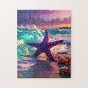 Quebra-cabeça Praia oceânica com estrelas-do-mar violetas