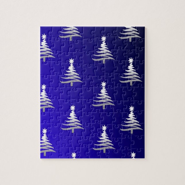 Quebra-cabeça Prata das Árvores de Natal em Azul Cobalto (Vertical)