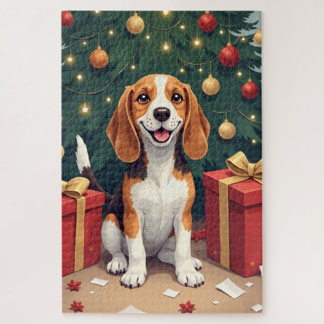 Quebra-cabeça Presente da Manhã de Natal Beagle - Pintura de Des (Vertical)