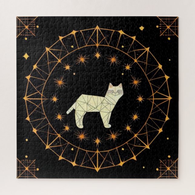 Quebra-cabeça Presente de Gato Geométrico com Estrelas Douradas  (Vertical)