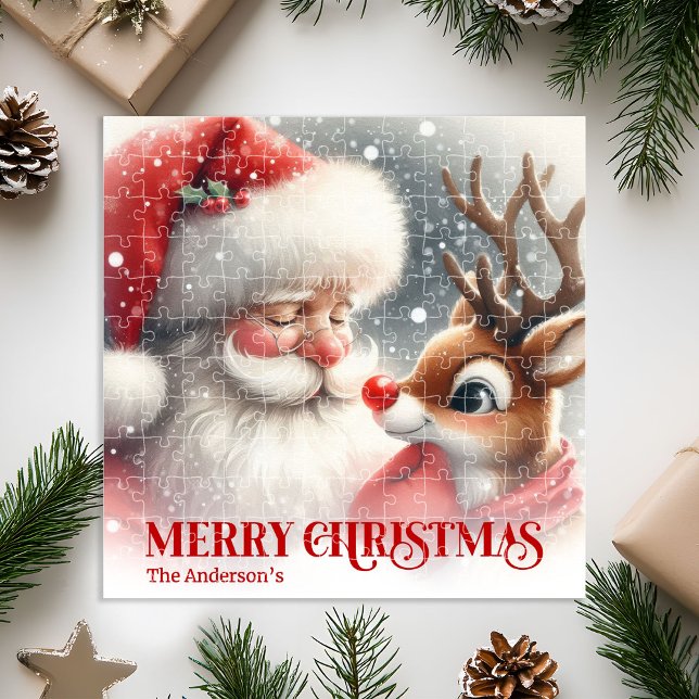 Quebra-cabeça Presente de Natal Personalizado para Crianças com  (Cute Santa and Rudolph Personalized Xmas Kids Gift jigsaw puzzle)