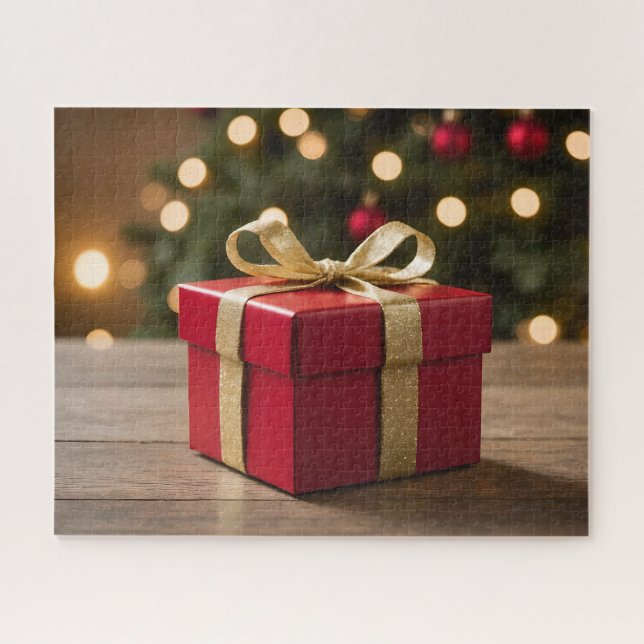 Quebra-cabeça Presente de Natal Vermelho e Dourado (Horizontal)