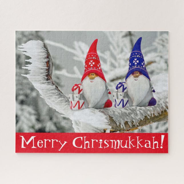 Quebra-cabeça Presente Rustic Chrismukkah Blue and Red Elves (Horizontal)