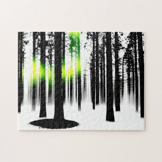 Quebra-cabeça Preto e Branco com Brilho Verde da Floresta (Horizontal)