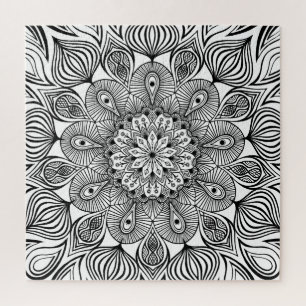 Quebra-cabeça Preto e Branco Mandala Trippy Hippie Psicélico