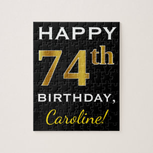 Quebra-cabeça Preto, Faux Dourado 74.º Aniversário + Nome Person